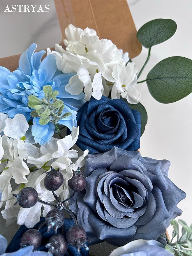 ASTRYAS Dusty Blue Artificial Flowers Combo Fake Silk Dahlia Roses with Stem for DIY Wedding Bouquet Arrangements Bridal Shower Party Home Decorations