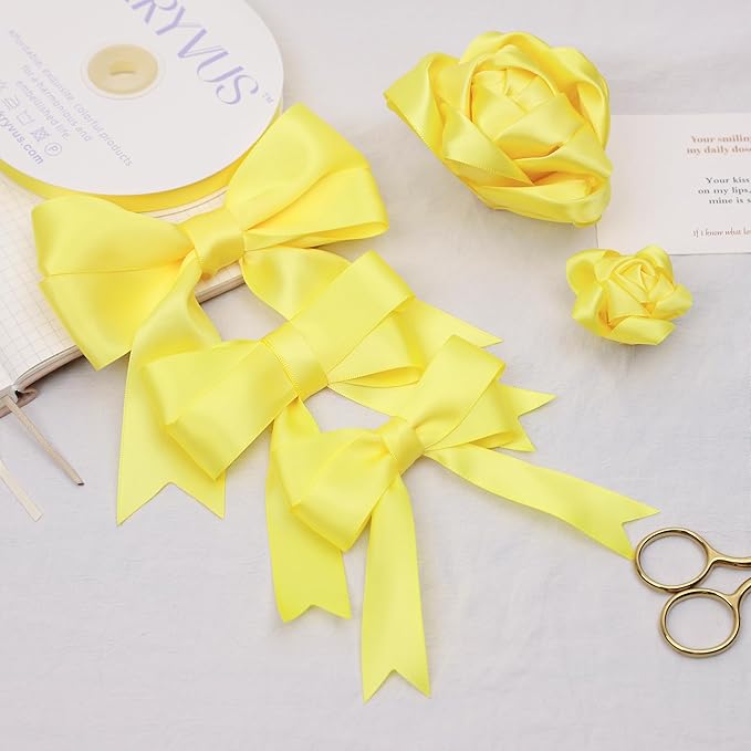 Lemon Yellow Satin Ribbon, Double Faced 1-1/2 Inch X 50 Yards Lemon Yellow Ribbon, Premium Satin Ribbon for Gift Wrapping, Crafts, Hair Bow Making, Sewing, Flower Bouquet, Wedding Party Decor