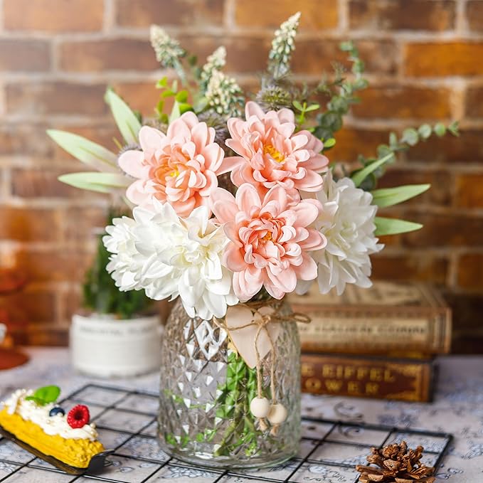 Der Rose Fake Flowers in Vase Silk Artificial Pink Flowers Arrangements with Glass Vase for Dinning Coffee Table Centerpieces Home Kitchen Farmhouse Wedding Decor