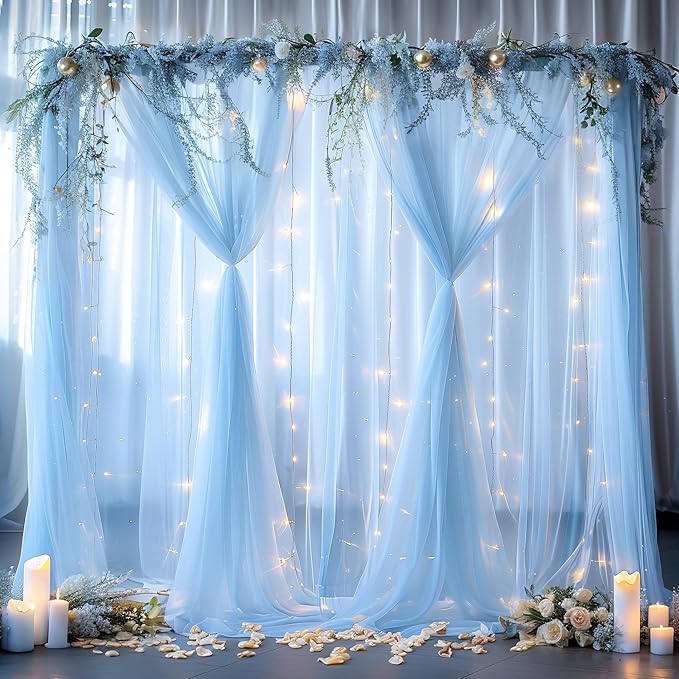 20ft x 10ft Blue Backdrop Curtain with Lights String for Parties, Sheer Tulle Wedding Photo Backdrops Drapes for Baby Shower Birthday Party Decorations Background for Photography