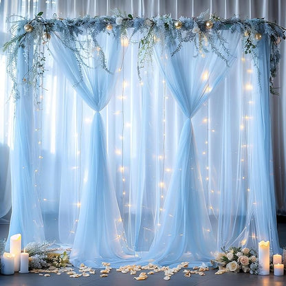 20ft x 10ft Blue Backdrop Curtain with Lights String for Parties, Sheer Tulle Wedding Photo Backdrops Drapes for Baby Shower Birthday Party Decorations Background for Photography