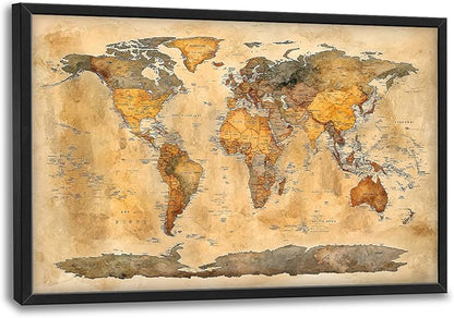 Extra Large World Map Framed Wall Art for Living Room,Oversized Vintage Map of The World Pictures Wall Decor,Canvas Print Painting Modern Artwork Bedroom Office Bathroom 36L x 24W