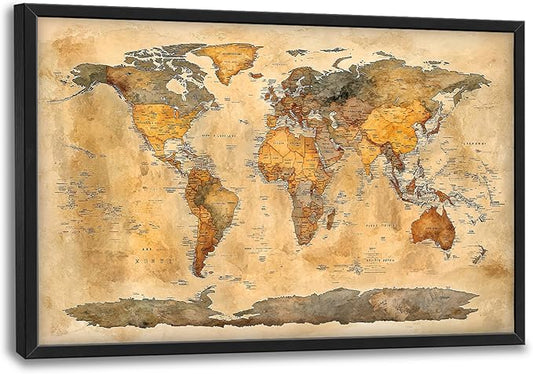 Extra Large World Map Framed Wall Art for Living Room,Oversized Vintage Map of The World Pictures Wall Decor,Canvas Print Painting Modern Artwork Bedroom Office Bathroom 36L x 24W