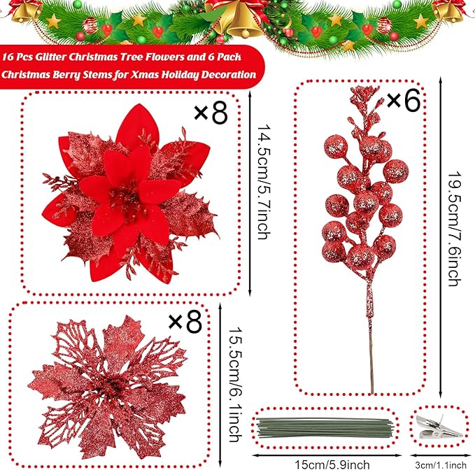Sawowkuya 22 Pcs Red Christmas Poinsettia Artificial Flowers and Glitter Berries Stems Kit, Christmas Poinsettias Decorations and Christmas Tree Ornaments for Xmas Home Wedding Holiday Tree Decor