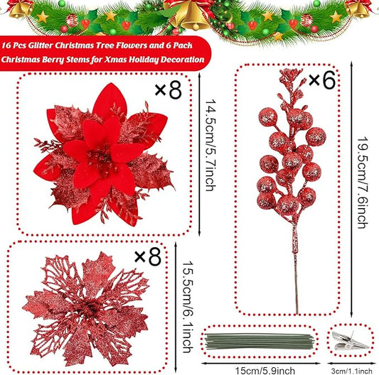 Sawowkuya 22 Pcs Red Christmas Poinsettia Artificial Flowers and Glitter Berries Stems Kit, Christmas Poinsettias Decorations and Christmas Tree Ornaments for Xmas Home Wedding Holiday Tree Decor