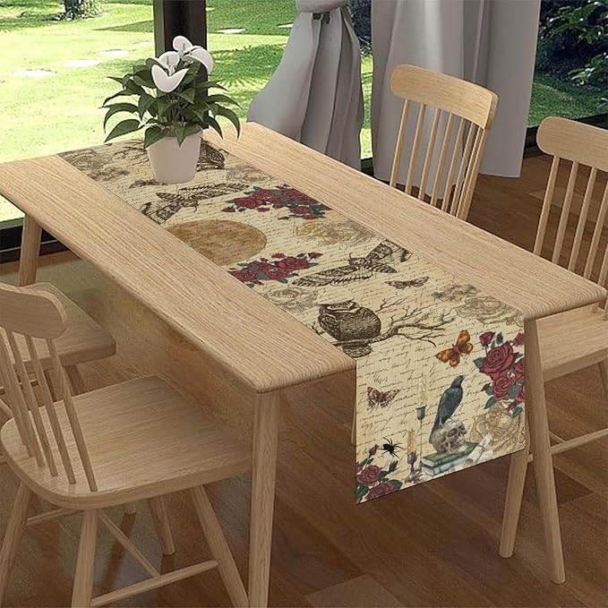 Gothic Floral Table Runner, Retro Dark Skull Moth Vintage Flower Halloween Day of Death Witchy Coffee Table Center Decor for Home Kitchen Dining Patio Holiday Party Table Decorations 13x108 inches