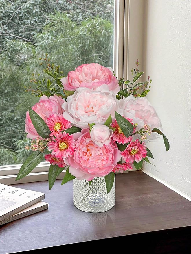 Hot Pink Flowers Artificial Peonies Silk Flowers with Stems 20PCS Realistic Fake Peony Daisies Long Faux Flowers for Vase Floral Centerpiece Arrangements Wedding DIY Bridal Bouquet Party Home Decor