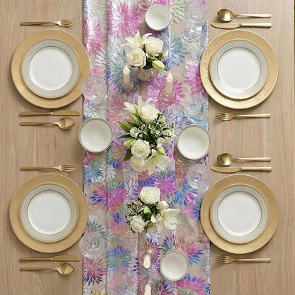 Artoid Mode Multicolor Gold Dahlia Flower Gauze Table Runner 120 Inch 10FT, Glitter Metallic Foil Sheer Cheesecloth Dining Holiday Table Decor for Home Party