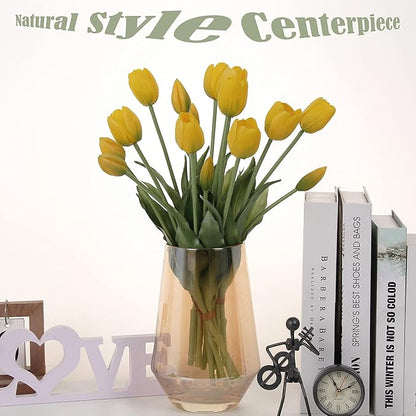 20pcs Artificial Tulip Flowers,16 Inch Real Touch Tulip Stems with Faux Leaves, Faux Tulips and Buds for Home Décor Centerpiece Ornament Wedding Bouquet,Yellow