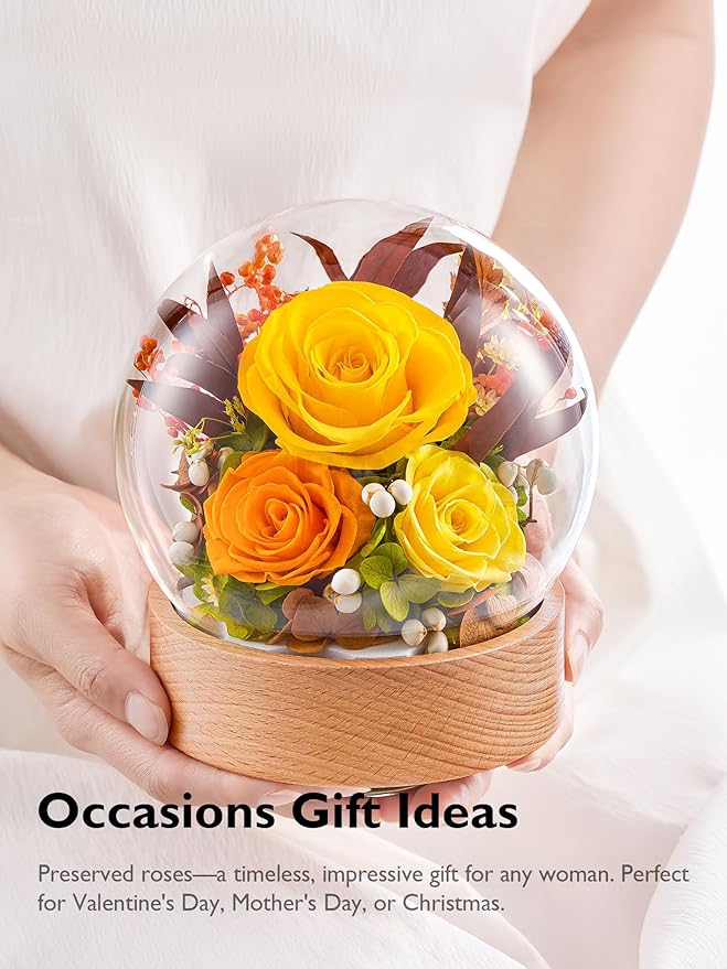 Eterfield Flowers for Delivery Prime, Christmas Preserved Roses Gifts for Women - Forever Flower in Glass Dome Birthday Gifts for Mom Wife Grandma Her Valentine’s Day (Yellow, Sphere)
