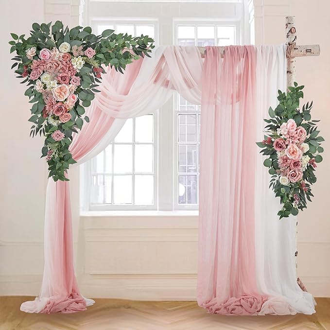 Wedding Arch Flowers Kit (Pack of 5) 2pcs Large Floral Swag Arrangement and 3pcs Fabric Drap for Ceremony Reception and Backdrop Decoration (Dusty Rose and Blush)