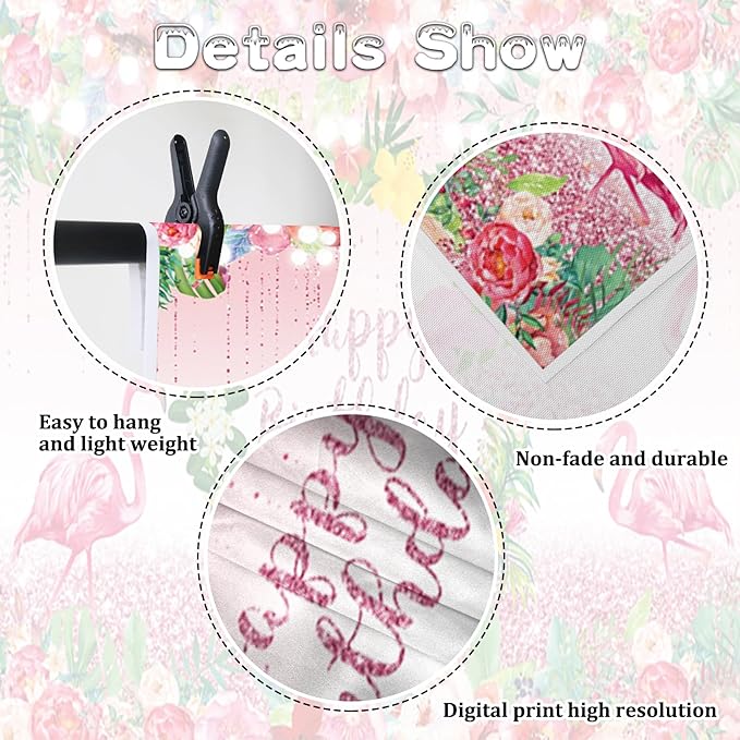 Renaiss 10x6.5ft Pink Flamingo Happy Birthday Backdrop Tropical Leaves Floral Hoop Winkle Hawaiian Photography Background Luau Aloha Party Decor Girls Birthday Photo Props Dessert Gift Table Banner