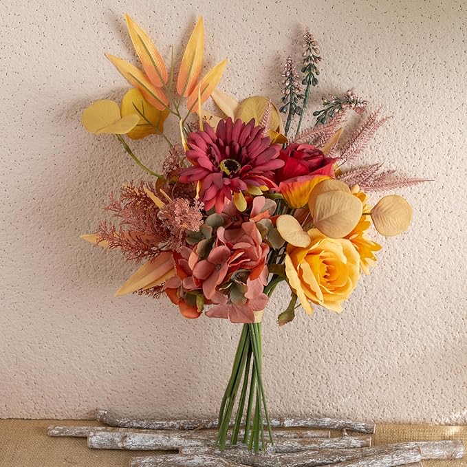 Fake Silk Flowers Bouquet Faux Centerpieces with Roses, Gerberas, Hydrangea etc, Realistic Artificial Floral Arrangements for Home Kitchen Decor