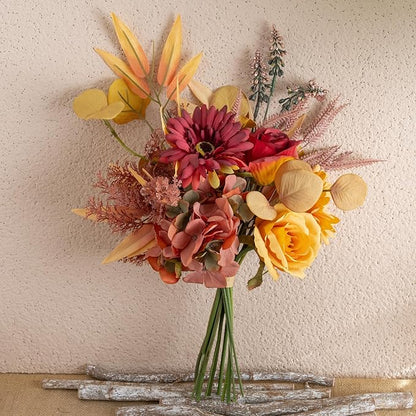 Fake Silk Flowers Bouquet Faux Centerpieces with Roses, Gerberas, Hydrangea etc, Realistic Artificial Floral Arrangements for Home Kitchen Decor