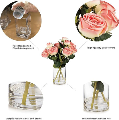 ENOVA FLORAL 9 Heads Silk Rose Artificial Flowers in Vase,Faux Rose Flowers Arrangement in Vase with Faux Water for Table Decor Centerpieces (Dark Pink)