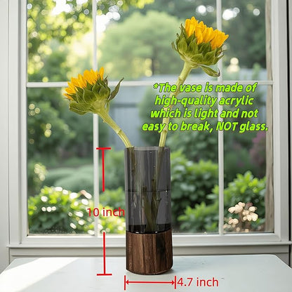 Shatterproof Acrylic Flower Vase with Wood Base–10”H*4.7''W Modern Table Centerpiece for Home Office Decor, Holds Fresh/Dried Stems, Lightweight&Stable, Present for Housewarming Christmas (Cylinder)