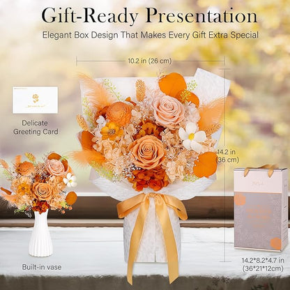 Preserved Flowers Bouquet - Forever Flowers for Delivery, Eternal Roses Bouquet That Last 3 Years, Flower Gifts for Women Mother Mom Girlfriend Wife Anniversary Birthday Present for Her, Light Orange