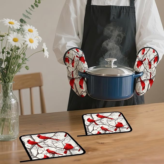 Red Cardinal Oven Mitts and Pot Holders Set,Christmas Winter Kitchen Oven Gloves and Pot Holder with Heat Resistant Non Slip for Cooking Baking Grilling(4 Piece Set)