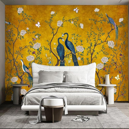 WXHFM - Golden Chinese Style Flowers Birds Large wall murals Peel and Stick Wallpaper for Bedroom Living Room - 108"x157"