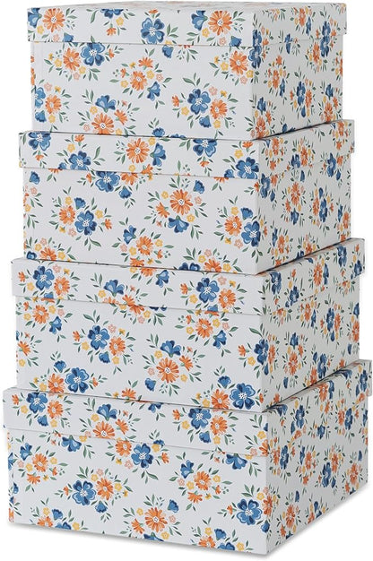 Soul & Lane Decorative Square Boxes with Lids - Set of 4 - Harvest Bloom, Floral Cardboard Memory and Keepsake Boxes, Photo Storage for Organizing and Home Décor