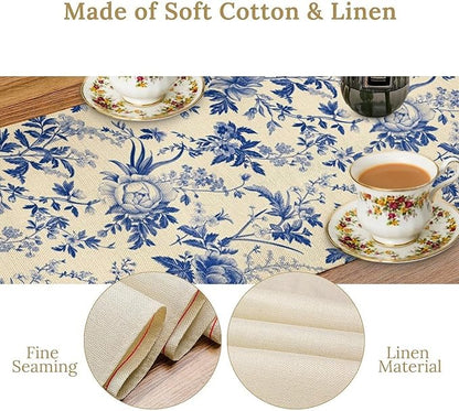 Vintage Blue Floral Table Runner, Retro Country Flowers Botanical Design Table Runner for Kitchen Dining Home Party Outdoor Indoor Decor, 13x90 Inch
