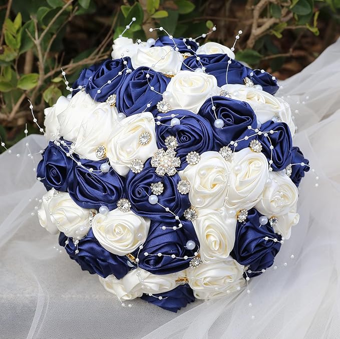 Bridal Wedding Bouquet Round Bling Brooch Bouquet Throw Toss Artificial Rose Flower Bunch for Bride Bridesmaid Wedding Quinceanera(Navy Blue & Ivory, 9.8")