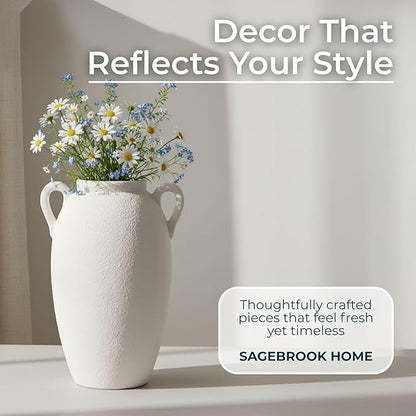 Decorative Vase for Home Decor – Textured Ceramic Jug with Handles, White Table Vase for Flowers, Modern Centerpiece for Living Room Styling or Shelf Displays, Casual Home Accent – 13", White