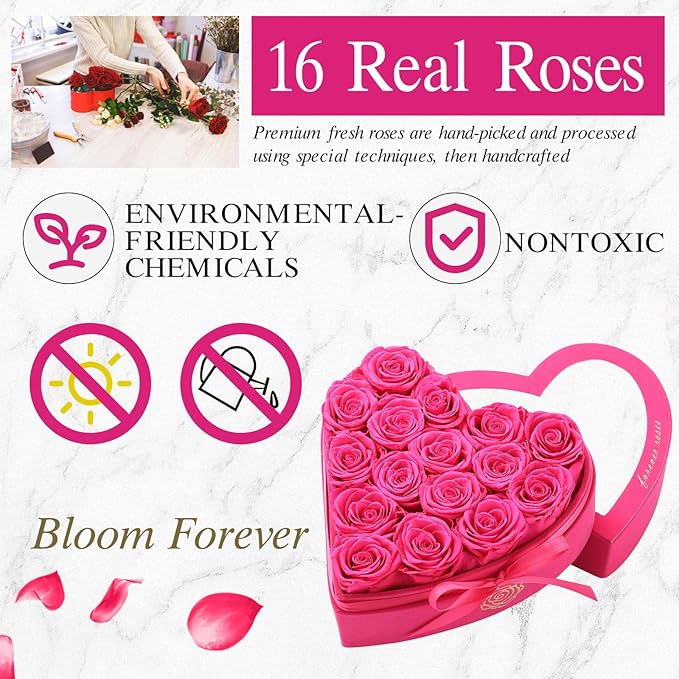 16 Forever Flowers in Heart Shaped Box - Preserved Roses Romantic Gifts for Her, Valentine’s Day, Anniversary, Wedding (Magenta)