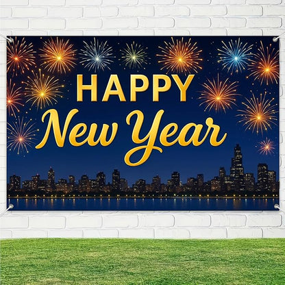 Happy New Year Banner 71x43 Inch Fireworks Skyline Party Wall Decoration New Year Photo Backdrop for Indoor Celebration Countdown Event Holiday Party Background Display