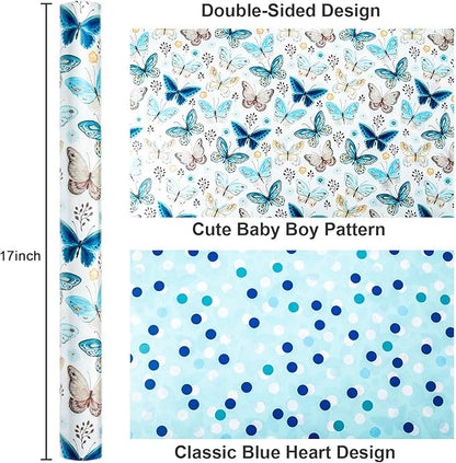 MAYPLUSS Butterfly Wrapping Paper, Vintage Watercolor Butterfly Fairy Gift Wrapping Paper for Women Girls Pearl Birthday Wrap in Blues Reversible Polka Dot for Baby Shower, Wedding (17Inch X 33Feet)