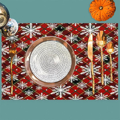Christmas Xmas Waffle Art Snowflake Placemats Set of 4 PVC Vinyl Non Slip Table Mats Heat Resistant Place Mats Washable Wipeable Dining Table Mat for Kitchen Decor Party Indoor Outdoor Decorative Gift