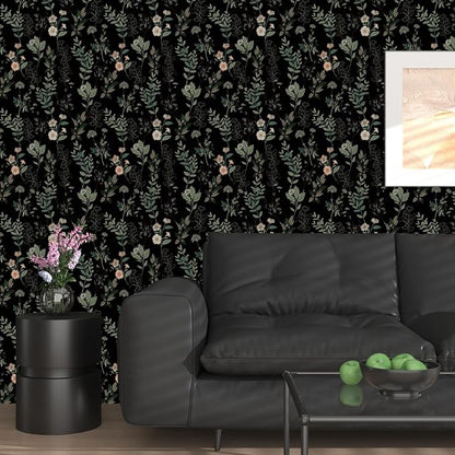Black Green Leaf Wallpaper Peel and Stick Vintage Taupe Green Floarl Contact Paper 17.4" X 118" Moody Wallpaper Waterproof Self-Adhesive Wall Covering for Bedroom Countertop Desk Cabinets Decor