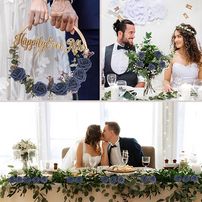 200PCS Navy Blue Artificial Flowers Roses Real Looking Foam Fake Roses with Leaves and for DIY Wedding Bouquets Bridal Shower Centerpieces Party Decorations (Navy Blue, 200)