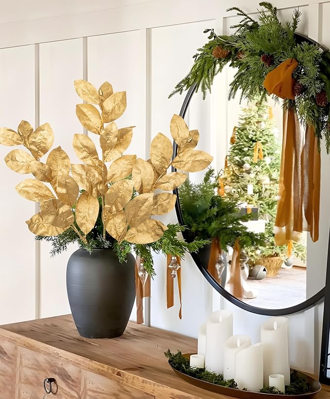 Briful Gold Magnolia Leaves Branches, 3 Pack 28.7in Faux Magnolia Leaves Stems Artificial Christmas Greenery Branches for Xmas Home Vase Floral Arrangement