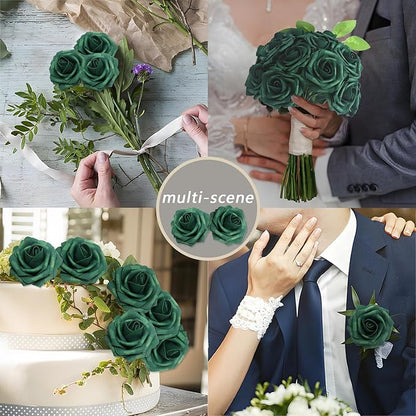 Artificial Flowers Roses Real Looking Foam Fake Roses with Leaves and for DIY Wedding Bouquets Bridal Shower Centerpieces Party Decorations (Peacock Green, 100)