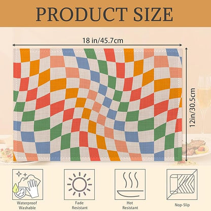 Groovy Retro Wavy Checkered Orange Placemats Set of 6 Place Mats for Kitchen Table Washable Farmhouse Linen Table Mats Dining Decoration 12x18 Inch