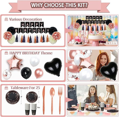 295 Pcs Black And Rose Gold Birthday Decorations, Birthday Decorations for Women or Girl Kit- Disposable Dinnerware Set with 25 Guest, Balloons, Sash, Tiara, Banner, Paper Pom Poms