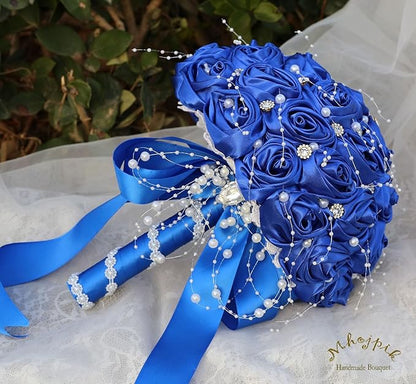 Bridal Wedding Bouquet Round Bling Brooch Bouquet Throw Toss Artificial Rose Flower Bunch for Bride Bridesmaid Wedding Quinceanera(Royal Blue, 7.5")