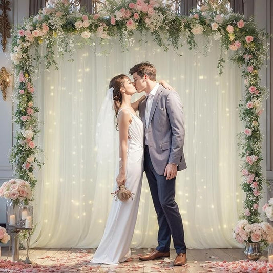 20x8ft Ivory Tulle Backdrop Curtain with Lights String for Parites, Sheer Backdrop Curtains for Wedding Baby Shower Birthday Party Photo Shoot Decorations