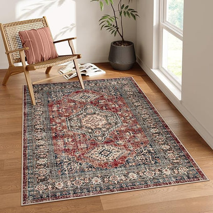 Lahome Oriental Washable Rugs for Bedroom, 4X6 Soft Living Room Rug Ultra-Thin Non-Slip Stain Resistant Vintage Low-Pile Throw Carpet for ‎Office Entryway, Brick Red