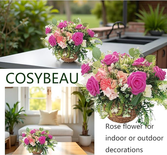 Artificial Flowers 25pcs Fake Roses, Hot Pink Foam Rose Faux Flower for DIY Wedding Bouquets Bridal Shower Centerpieces Floral Arrangements Home Decorations Party Backdrops Table
