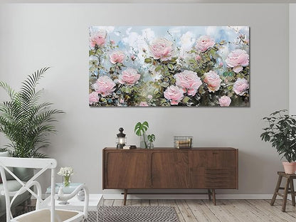 Ardemy Flower Wall Art Canvas Art Wall Decor, Floral Painting Textured Picture Living Room Pink Rose Artwork Large Framed for Bedroom Kitchen Dining Room Home Office Decor 40"x20"