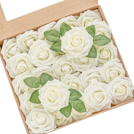 Artificial Flowers, 25pcs Ivory Foam Roses for Wedding Bouquets Centerpieces Arrangements, Home Party Indoor Outdoor Decoration