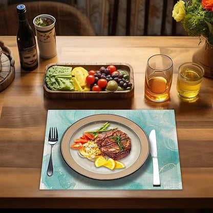 Placemats-Pastel Cyan Flowing Gold Marble Linen Table Place Mats Set of 4 Non-Slip Heat Resistant Table Mats for Dining Kitchen Cabin Decor 12x18 Inch