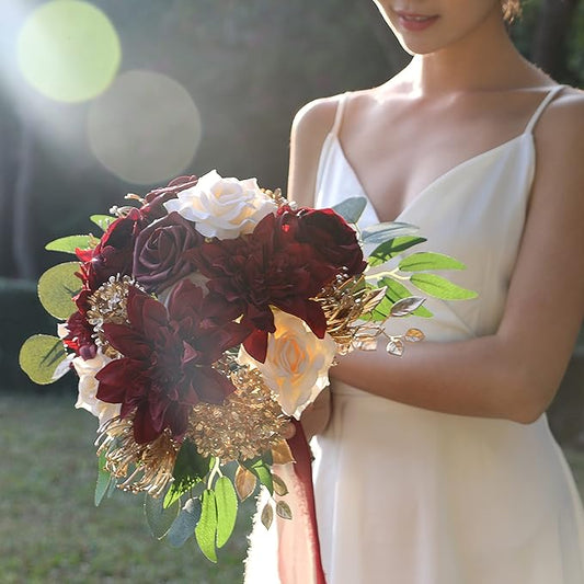 ponatia Artificial Flowers Wedding Flowers Combo for DIY Wedding Bouquets Party Decorations (Gold & Brugundy & Cream)