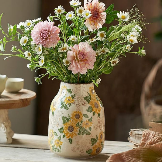 Levvohd Vintage Ceramic Vase, 7.7 Inch Yellow and Beige Sunflower Floral Modern Flower Vases for Home Decor Aesthetic Living Room Bookshelf Office Tuscan Decorations (Conical)