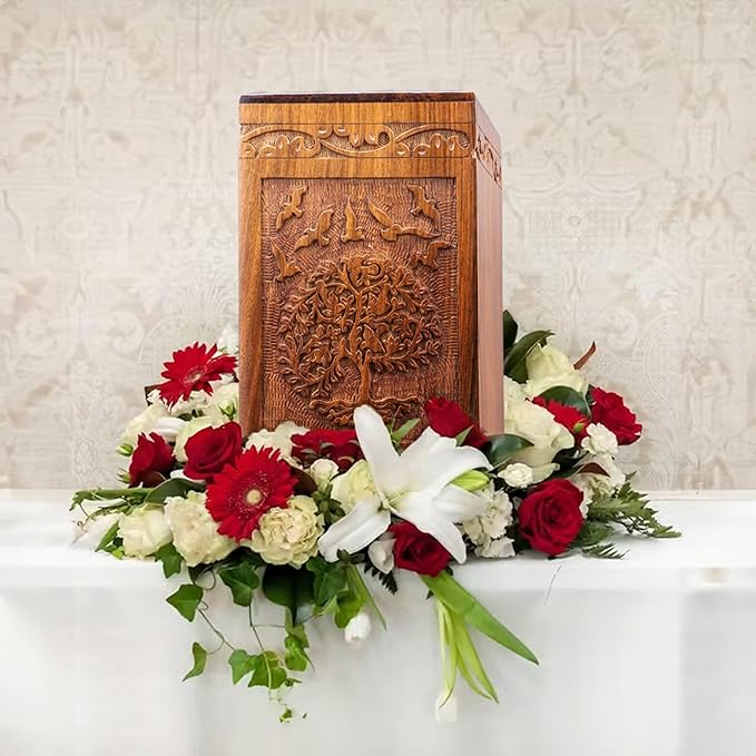 INTAJ Tree of Life Wooden Urn for Human Ashes, 115lbs Capacity, Suitable for Burial for Men, Women, Mom, Dad - Mini Rosewood Keepsake Cremation Urn for Ashes Handcrafted - Wooden Carved Box