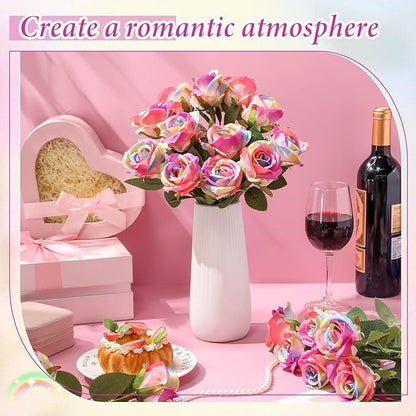 Hotop 20 Pcs Artificial Rose Flowers with Long Stem,Real Touch Silk Realistic Plastic Bouquet Roses Bulk for Home Decor Bridal Wedding Party Table Centerpieces Decorations(Rainbow)