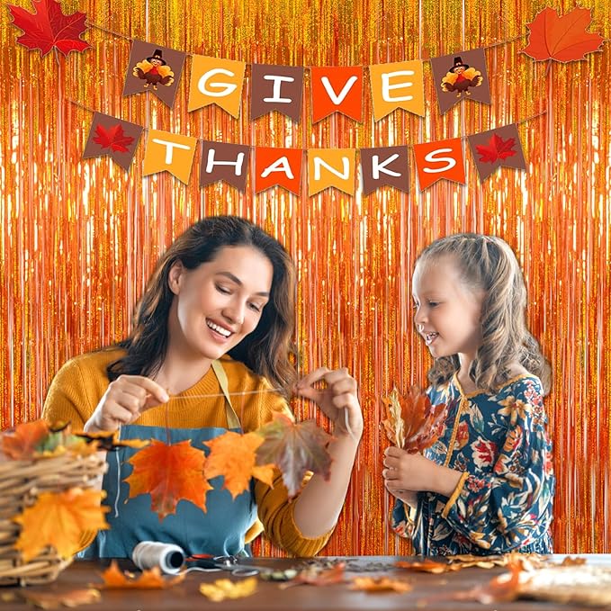 Upgraded Thicker Melsan Tinsel Fringe Curtain, 3 Pack 3.2 x 8.2 ft Orange Metallic Streamers with Extra Tape, for Thanksgiving Birthday Baby Shower Graduation Party Decor