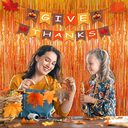 Melsan Orange Tinsel Backdrop Curtains, 3.2ft x 8.2ft Sparkle Metallic Foil Fringe Curtain for Basketball Thanksgiving Halloween Birthday Party Decorations, 2 Packs